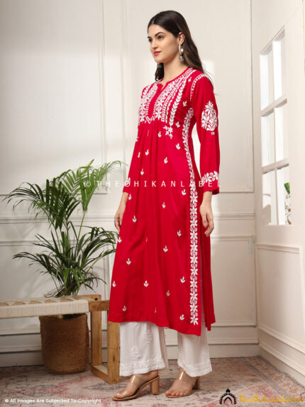 Aardhya Rayon Chikankari A-Line Kurti- Red